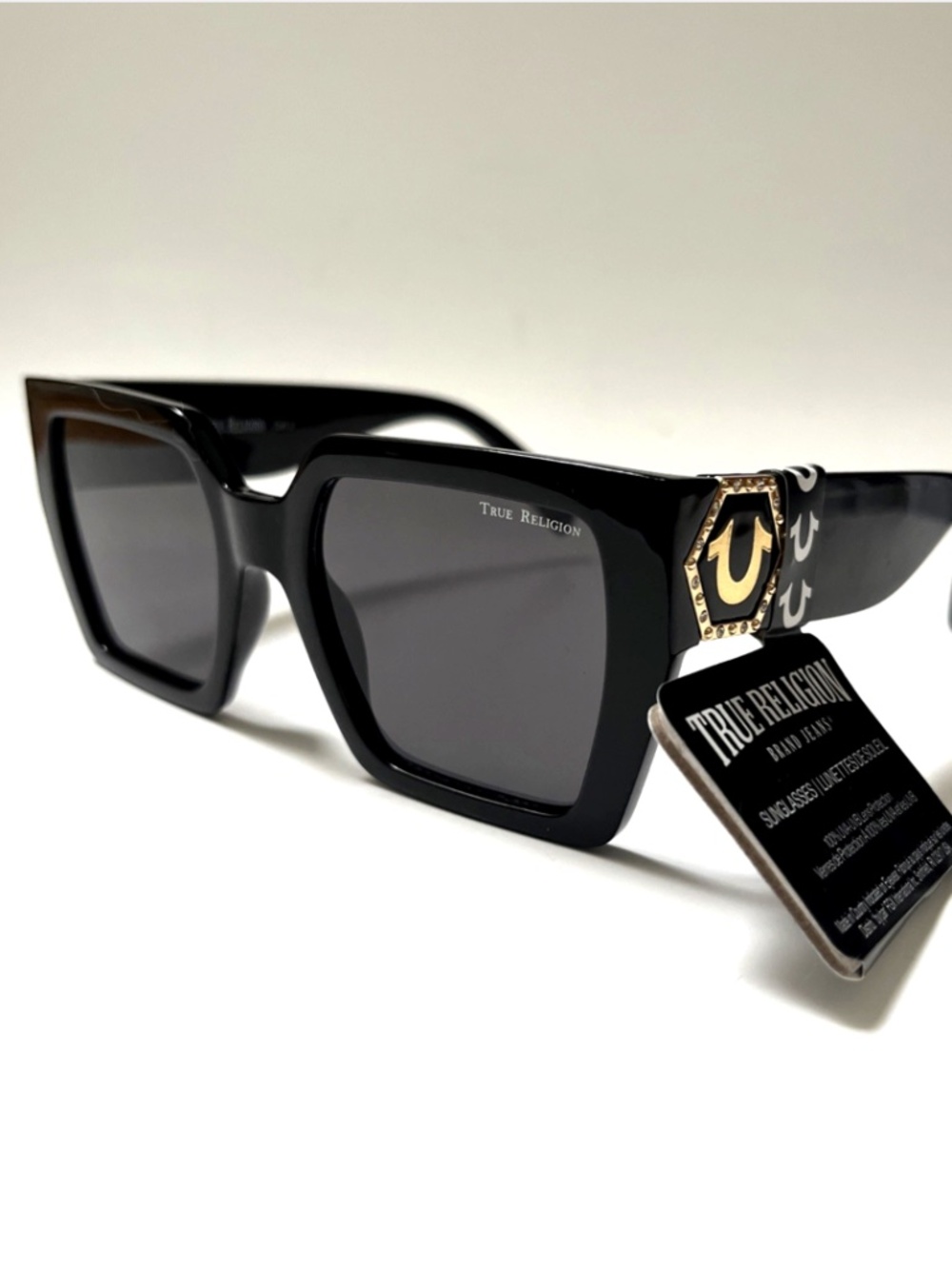 New TRUE RELIGION Square Sunglasses Oversized Acetate Black Gold Rhinestones XXX